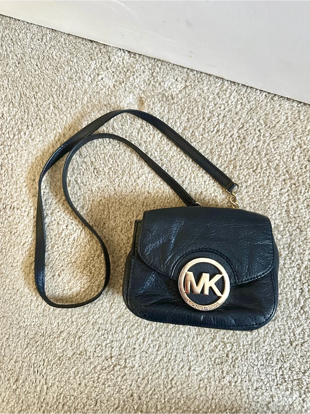 Michael Kors Black Leather Crossbody with Gold MK Medallion - Small Sized
